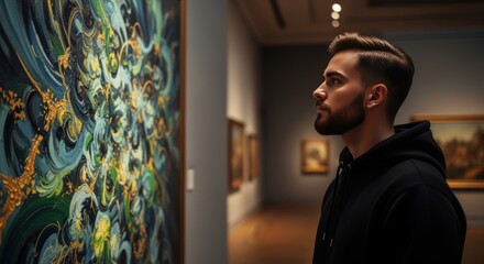Man admires abstract painting in art gallery, museum visit, cultural experience