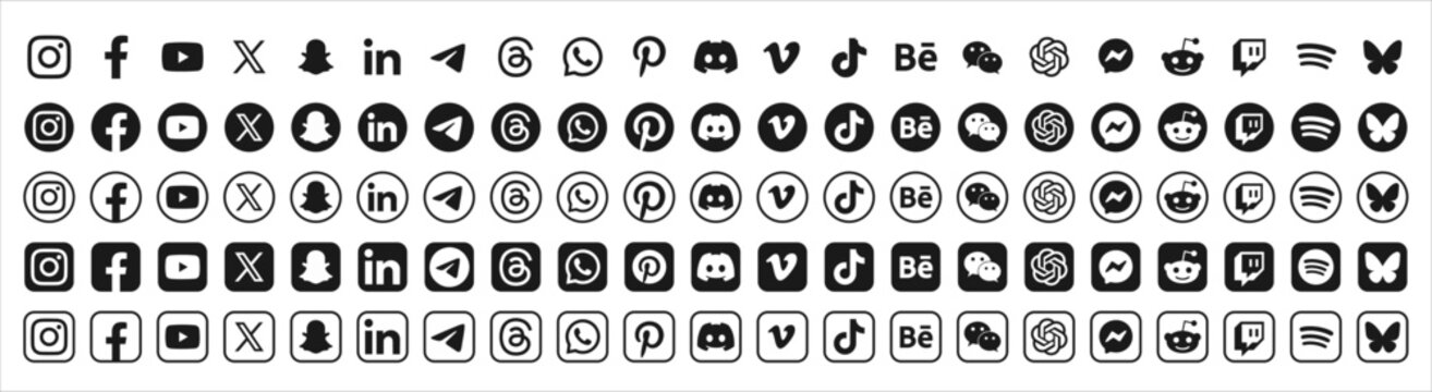 New updated social media network  icons set 2026 black & white. Facebook, WhatsApp, Instagram, X, LinkedIn, YouTube, TikTok, BlueSky, Phone, mail, Location, Web. social media & contact icon set 2026.
