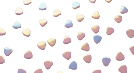 Miniature iridescent metallic heart confetti scattered on a pristine matte white background with copy space, photorealistic macro flat lay, soft studio lighting, playful celebration atmosphere