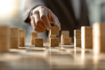 A close-up of a hand arranging wooden blocks in a business strategy concept.