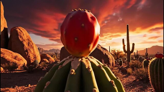 Peruvian apple cactus fruit ripening on tall cactus, desert agriculture scene