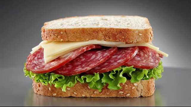 Rotating close-up of fresh salami and cheese sandwich on multigrain bread with lettuce against grey background