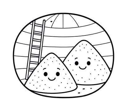 Silo Fun Coloring. Silo interior children?s coloring book illustration, outlined drawing, simple round silo with friendly grain piles and ladder inside,