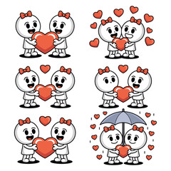 A cartoon illustration consisting of six panels, each featuring a round head and a stick figure figure. The characters are white with black outlines, they engage in various romantic gestures.