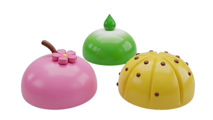 Three stylized dessert-like objects with different decorations