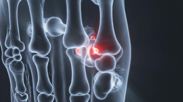 Medical animation: Sesamoid bone and middle finger joint inflammation, orbiting view