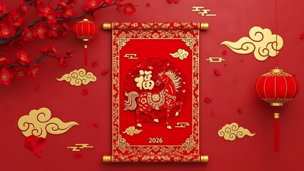 Elegant Red and Gold Horse Scroll Illustration for Chinese New Year 2026