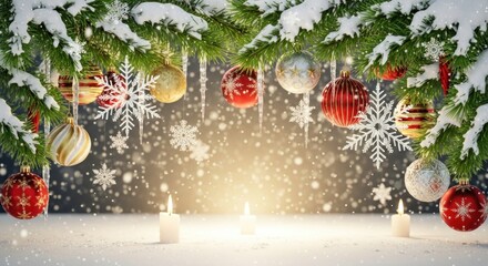 Christmas decorations with snowflakes and ornaments on a snowy background.