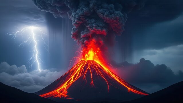 Volcanic eruption with lightning storm in the background volcano lava fire flame - Powered by Adobe