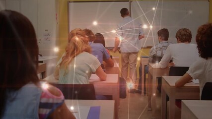 Animation of data and connections over diverse teacher and students at school - Powered by Adobe
