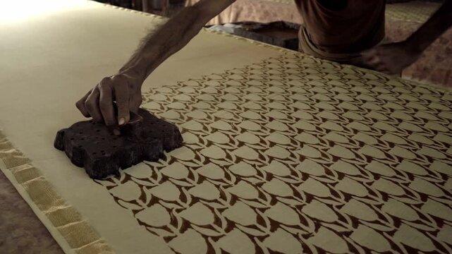 Artisan handblock printing on a cotton saree, Jaipur, Rajasthan