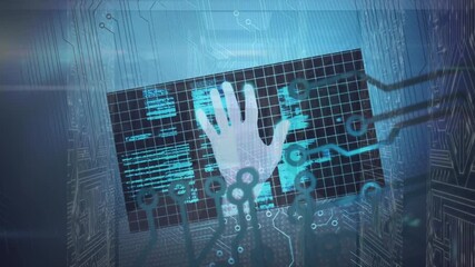 Animation of hand and biometric data processing over globe and computer circuit board - Powered by Adobe