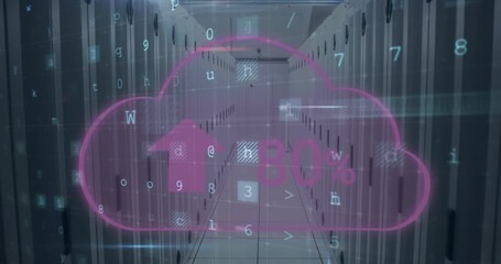 Animation of cloud, warning text and data processing over computer servers in background - Powered by Adobe
