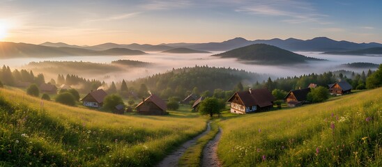 Tranquil Morning Light Rural Village Landscape with Foggy Valley Panorama