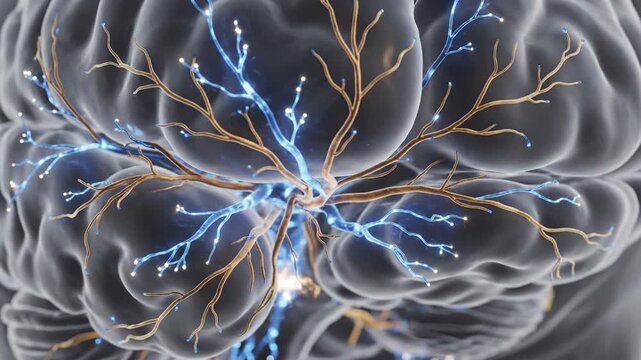 Animated 3D Render of Neural Pathways in the Human Brain with Glowing Connections
