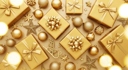 Golden Christmas presents and ornaments on a gold background.