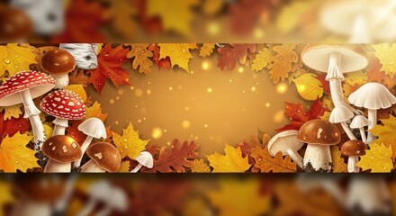 A colorful autumnal scene with mushrooms and leaves on a warm, orange background.