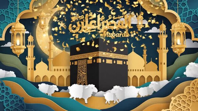 A Kabba depiction w gold mosque sheep  lanterns on layered teal  gold backdrop Arabic script at the top