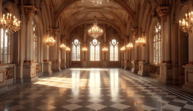 Grand Ballroom Opulence Intricate Gold Accents Gothic Arches Sunlight Beams Ornate Chandeliers Polished Floor Warm