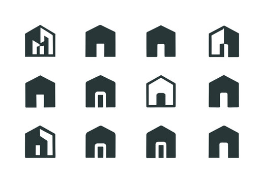 Monolithic Logo Designs. Monolithic building. Icon set. Set Logo of monolithic building: massive block entrance. harmonious logo variations of the same