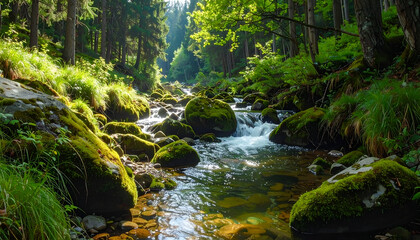 Obraz premium Lush Forest Stream - A Serene Nature Scene with Flowing Water.