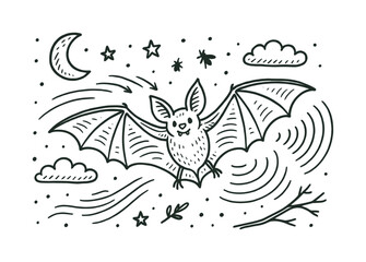 Obraz premium Bat's Night Flight. Bat flight. Hand-drawn doodle illustration Bat flight bat wings open, airflow lines, motion arrows, moon, stars, clouds, insect