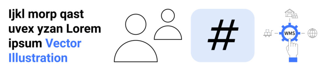 Obraz premium User profile icons, metadata tag in square, gear with workflow label, and networks. Ideal for teamwork, social media, connectivity, technology, profile management data sharing simple landing page