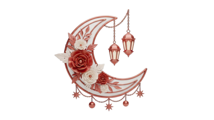 Ramadan Crescent Moon Decoration with Flowers and Lanterns