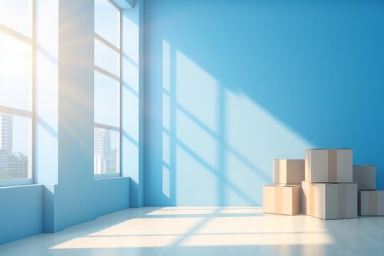 Moving boxes standing on floor in empty room with blue wall, large windows, and sunlight