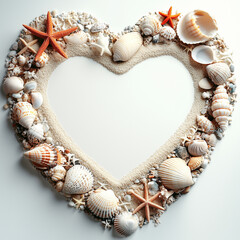 Ramka w kształcie serca ułożona z morskich muszli i rozgwiazd na piasku. Wakacyjna, romantyczna kompozycja pełna słońca.