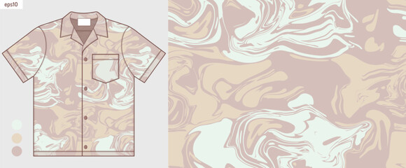 Hawaii Aloha mockup shirt with brown marble abstract pattern, beige camouflage background, fluid ink design, handdrawn ethnic textile art for fashion fabric printing, not AI generated.