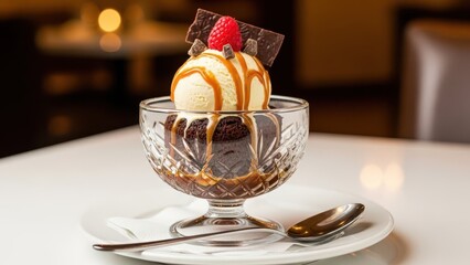 A decadent chocolate brownie sundae with ice cream caramel sauce and fresh raspberry