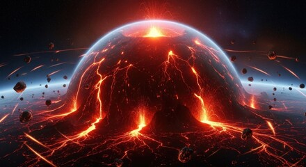 A fiery, molten planet with a large, active volcano erupting in the center, surrounded by asteroids and debris in a dark, space-like environment.