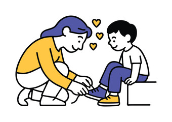 Parent's Loving Gesture. Heartfelt moment. A parent ties the child?s shoe; curved lines emphasize care. Tiny hearts float up gently. Modern flat-line