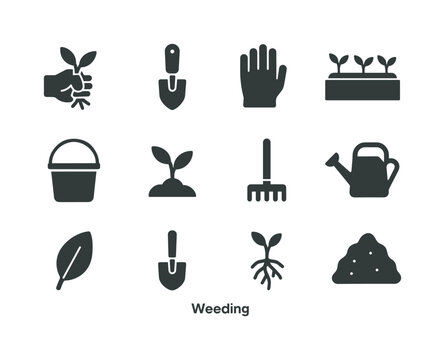 Weeding Icon Set. Weeding. Solid icon set of weeding: hand pulling weed, trowel, glove, garden bed, bucket, sprout, rake, watering can, leaf, shovel, plant