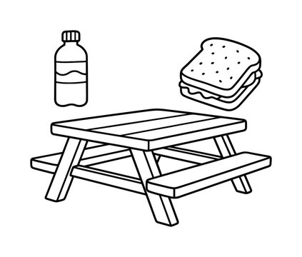 Picnic Bench Coloring. Simple bench setup children?s coloring book illustration, outlined drawing, a picnic bench with water bottle and sandwich icons to show