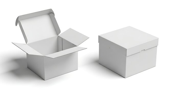 White cardboard packaging boxes, isolated, showing one open mailer box and one closed shipping carton template for e-commerce retail product mockups.