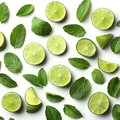 Świeża kompozycja plasterk&oacute;w limonki i zielonych liści mięty rozrzuconych na białym tle. Idealny motyw na lato. Orzeźwia.
