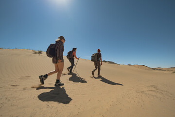 Hikers with backpacks and poles traverse the endless dunes of the Mongolian desert. The high sun casts sharp shadows on the sand under a vast, cloudless blue sky.