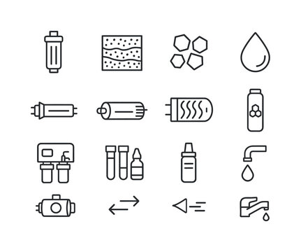 Water Purification Icons. Water purification. Line icon set of Water purification: filter cartridge, sediment layer, activated carbon, UV lamp, membrane