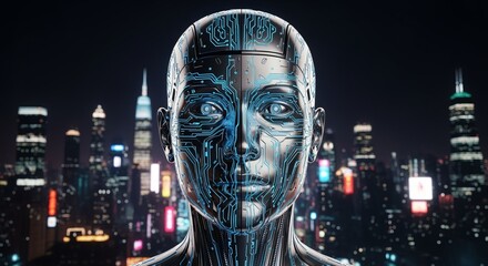 Futuristic robot face with glowing circuits against a modern city skyline at night