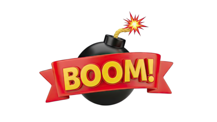 Boom! Bomb with Red Ribbon and Exploding Fuse