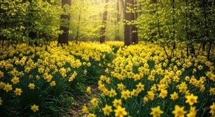 A vibrant field of yellow daffodils in a forest setting.