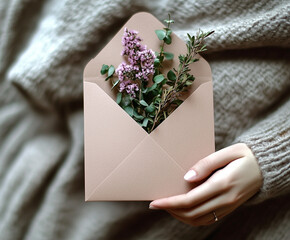 Otwarta, beżowa koperta z gałązkami bzu i eukaliptusa, trzymana przez dłonie na tle szarego swetra. Estetyka cozy.