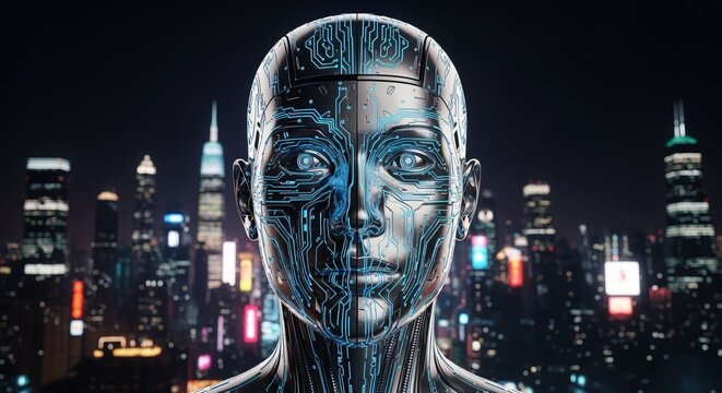 Futuristic robot face with glowing circuits against a modern city skyline at night - Powered by Adobe