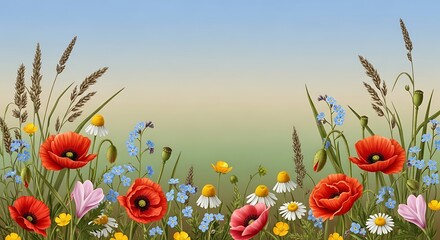 Detailed illustration of a vibrant summer wildflower meadow border featuring red poppies, white daisies, blue forget-me-nots, and tall grass stalks beneath a gradient sky.