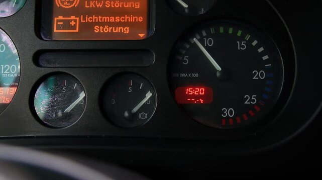 Detailed close-up of dashboard instrument cluster. Gauges, digital clock 15:20. Orange warnings in German: truck EBS malfunction, alternator fault.