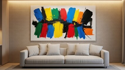 Modern living room with abstract colorful painting on wall above sofa art