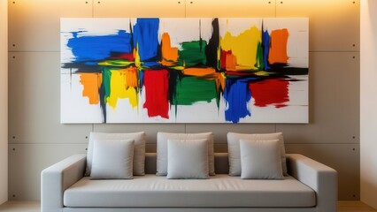 Modern living room with abstract colorful painting on wall above a couch