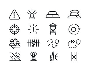 Enemy Camp Icons. enemy camp under attack. Line icon set of enemy camp under attack: hazard zone, alarm flare, defensive mound, movement hotspot, alert lines,